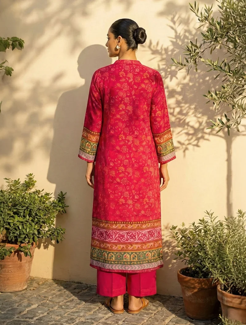 ترو برونز trueBrowns Pink Printed A-Line Kurta Pant Set